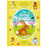 The Spring Rabbit book cover with a brown rabbit, colorful trees, and illustrated characters in a bright yellow frame.