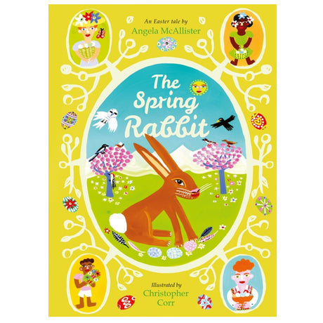 The Spring Rabbit book cover with a brown rabbit, colorful trees, and illustrated characters in a bright yellow frame.