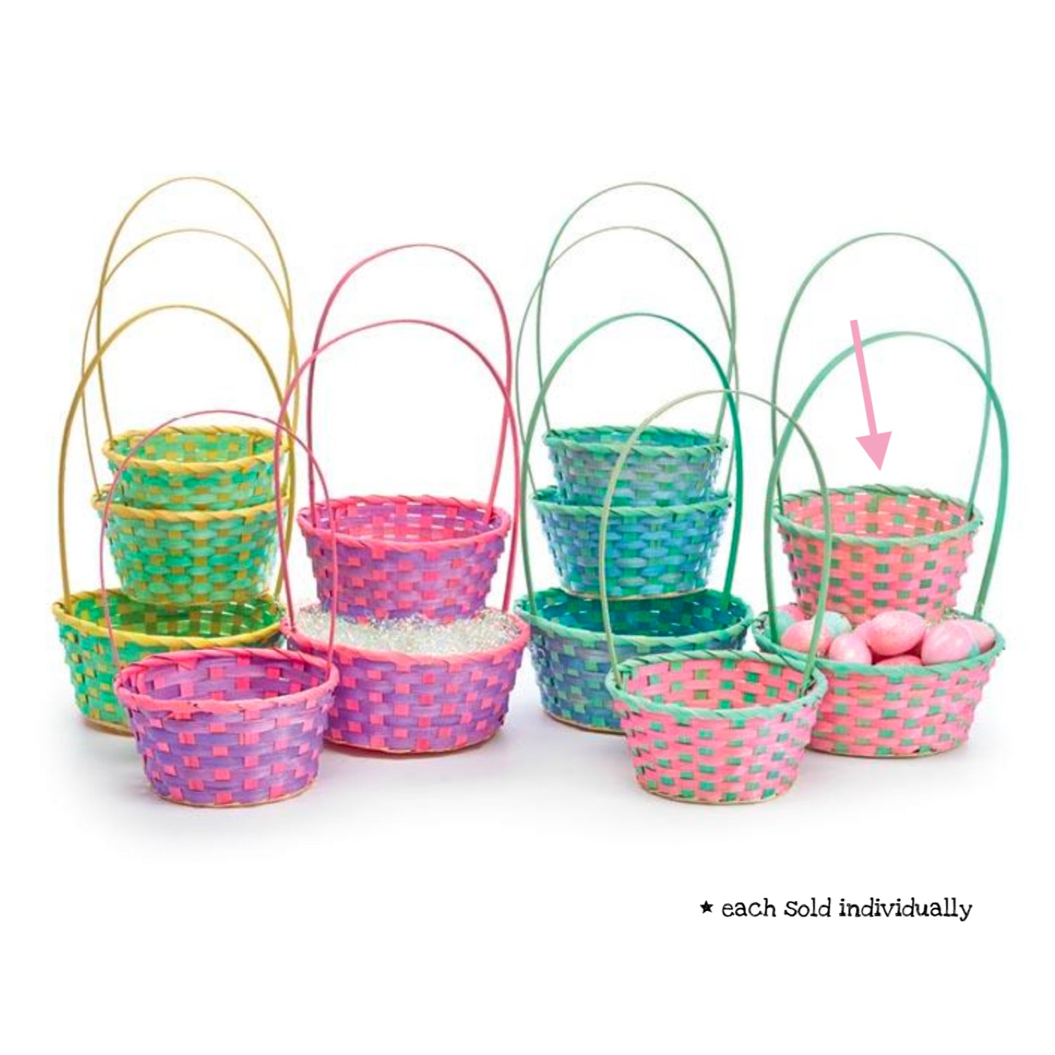 Medium Pink Easter Basket with bamboo weave in pink and green, perfect for Easter treats and decor.