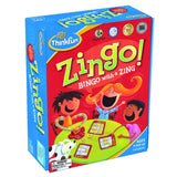 Zingo game box by ThinkFun with colorful kids playing, designed for ages 4+, award-winning pre-reading game.