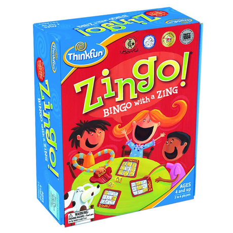 Zingo game box by ThinkFun with colorful kids playing, designed for ages 4+, award-winning pre-reading game.