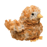Brown Chick plush toy with soft mottled fur, tiny wings, bright black eyes, and a small yellow beak.
