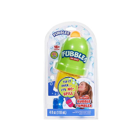 Fubbles | No-Spill Bubble Tumbler in green and yellow packaging with bubble wand for spill-free bubble fun.