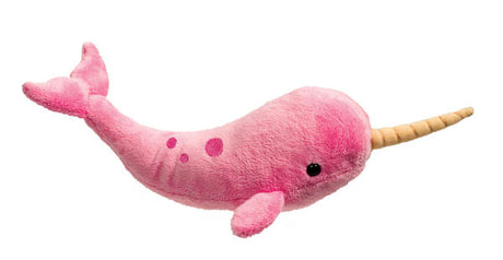Colorful Narwhal plush toy in pink with soft polyester fill, perfect for cuddling and imaginative ocean play.
