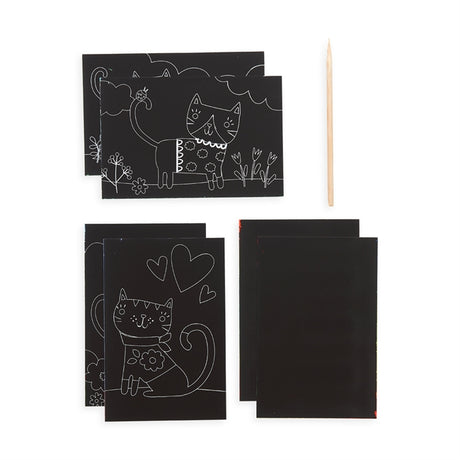 Scratch & Scribble Cutie Cats mini scratch art kit with illustrated cat cards, rainbow DIY cards, and wooden stylus.