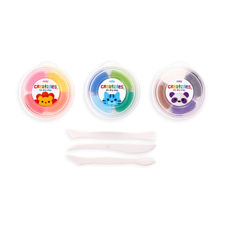 Creatibles Air Dry Clay Kit with 12 colorful clay tubs and 3 plastic sculpting tools for creative projects.