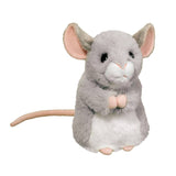 Soft plush gray and white Mouse Monty toy with pink ears, paws, and tail sitting upright with big dark eyes.