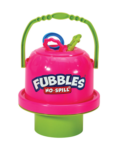 Fubbles No-Spill Big Bubble Bucket with handle and three colorful bubble wands for easy, spill-free outdoor play.