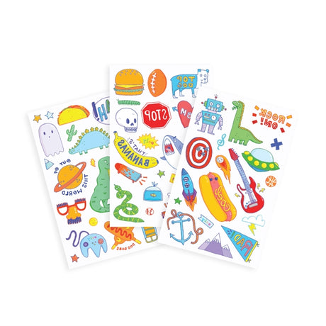 Awesome Doodles Tattoos temporary tattoo set with 3 sheets featuring sharks, dinosaurs, tacos, and more fun designs.