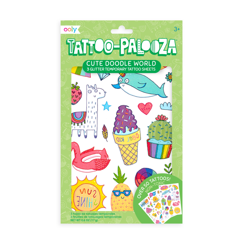 Cute Doodle World Tattoos with fun llamas, dolphins, ice cream, and cactus glitter temporary tattoo sheets.