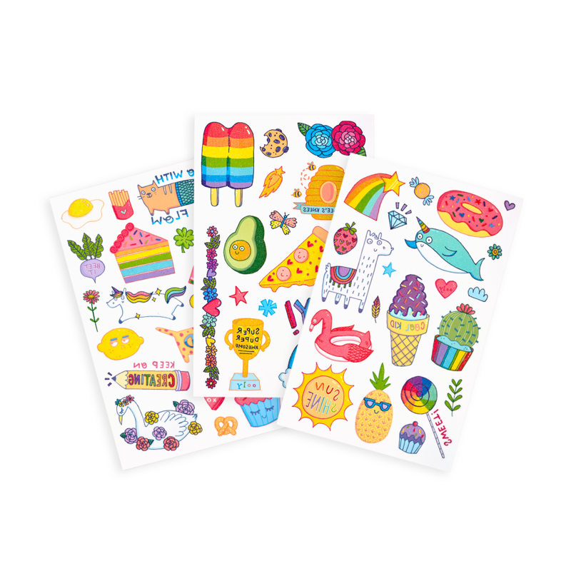 Cute Doodle World Tattoos three sheets with colorful fun llamas, donuts, pineapples, and more temporary tattoos.