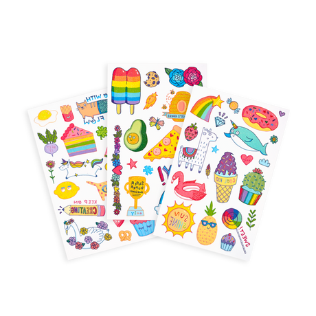 Cute Doodle World Tattoos three sheets with colorful fun llamas, donuts, pineapples, and more temporary tattoos.