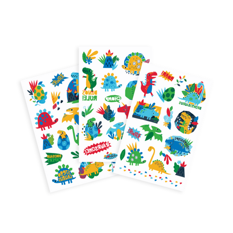 Dino Days Tattoos featuring colorful dinosaur temporary tattoos on three sheets with over 50 fun designs for kids.
