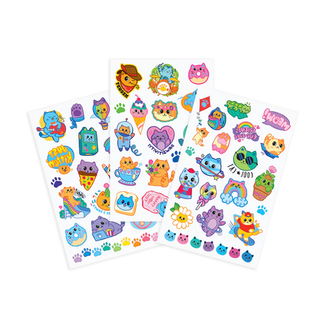 Colorful Cats Tattoos set with 3 sheets and over 50 cute, colorful, glittery cat temporary tattoos for kids and adults.