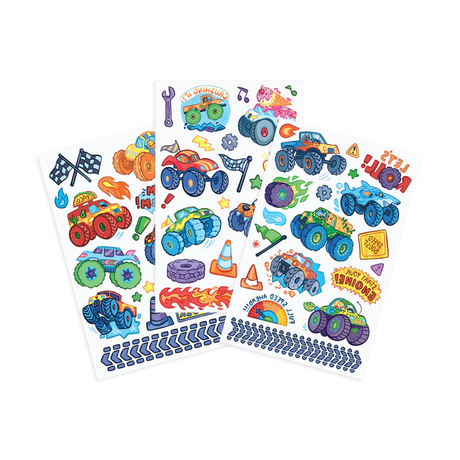 Monster Truck Tattoos temporary tattoo set with 3 sheets featuring over 50 colorful monster truck designs and auto parts.