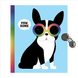 Pawesome Diary with black and white dog wearing rainbow sunglasses and a silver lock on the side for secure journaling.