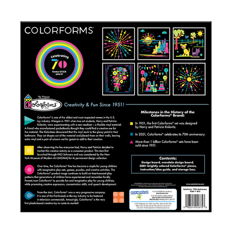 Colorforms 70th Anniversary set packaging showing colorful scenes and repositionable shapes for creative play.