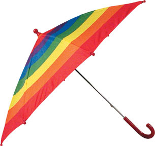Rainbow Umbrella with vibrant rainbow colors, child-sized design to keep kids dry in the rain, ages 3 and up.