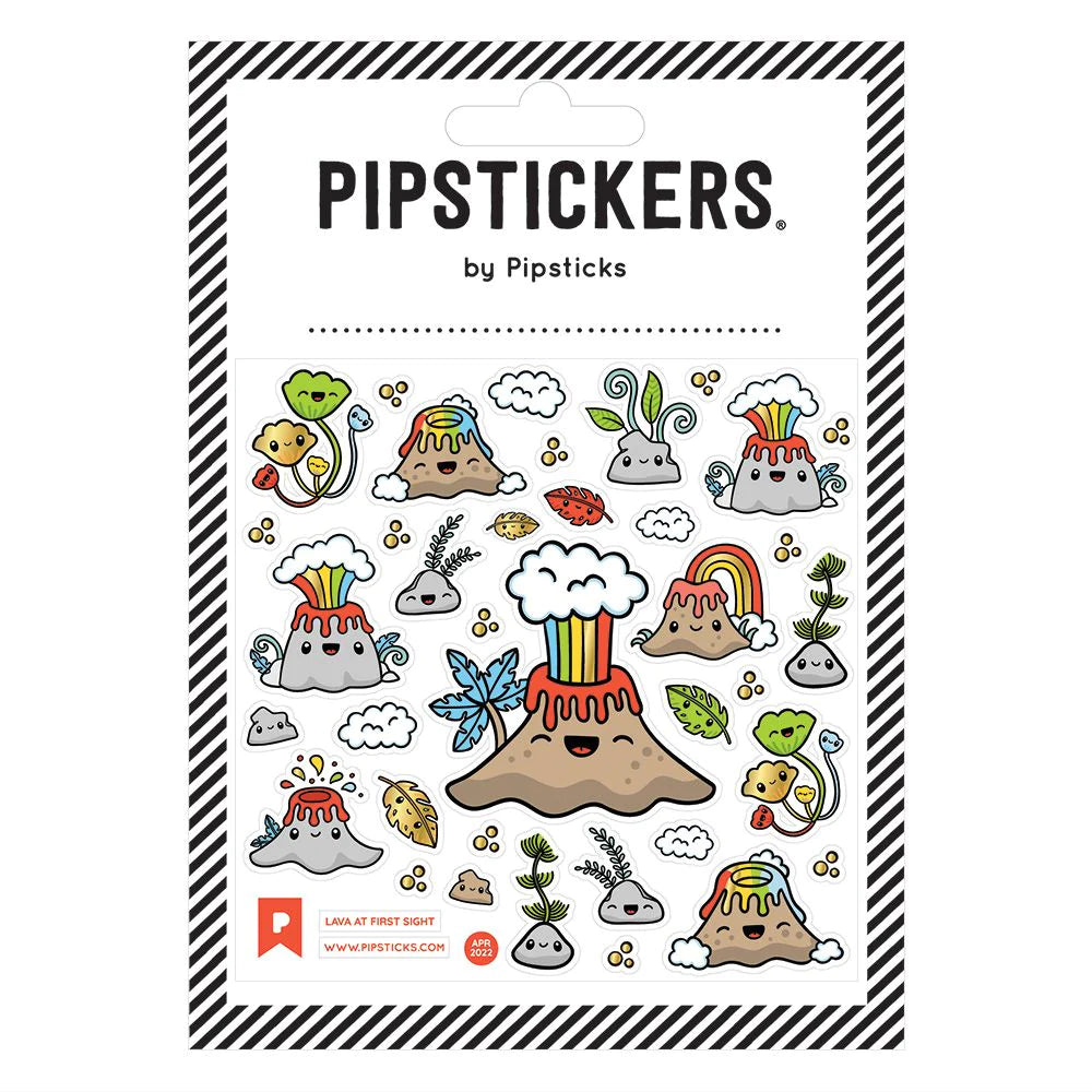 Lava At First Sight Stickers with colorful rainbow volcano and nature designs on a 4x4 inch clear backing sheet.