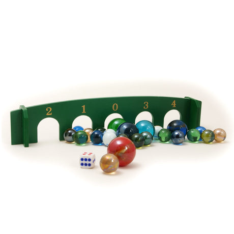Marble Games set with colorful glass marbles, a green wooden arch board numbered 0 to 4, and a six-sided die.