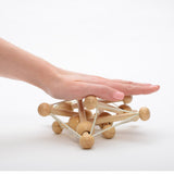Natural Skwish wooden baby toy with elastic strings and beads that slide and rattle, safe for ages 0 and up.