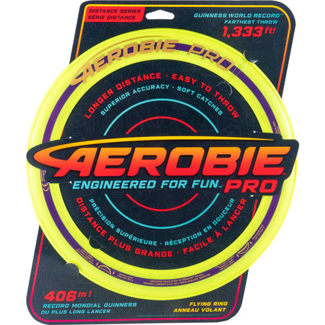 Aerobie Pro Ring in bright yellow, designed for long throws and soft catches, with Guinness World Record distance.
