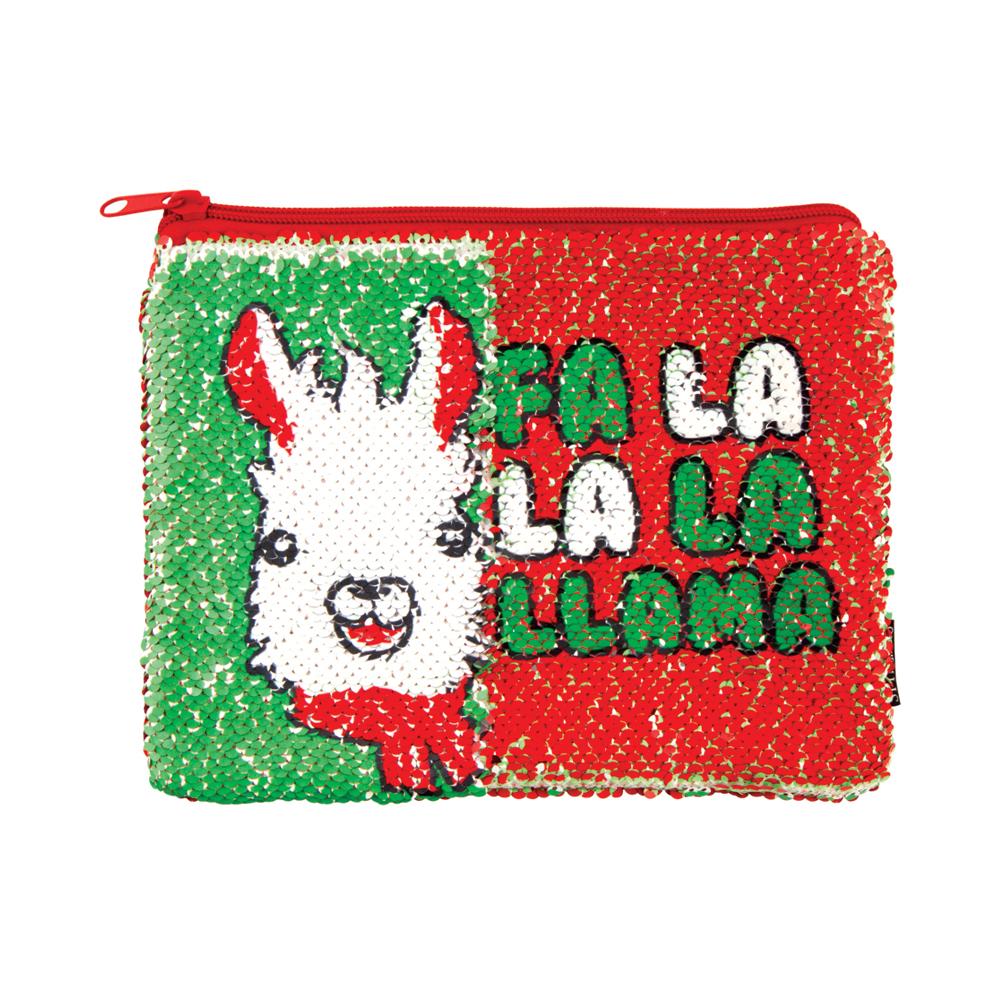 Fa La Llama Sequin Pouch with reversible red and green sequins featuring a llama and festive text design.