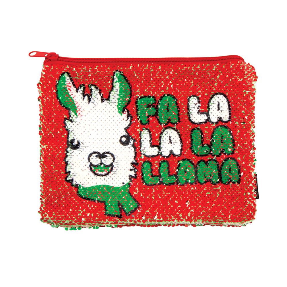 Fa La Llama Sequin Pouch with color-changing red and green sequins and a playful llama design zippered pouch.