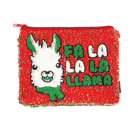 Fa La Llama Sequin Pouch with color-changing red and green sequins and a playful llama design zippered pouch.
