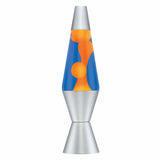 Lava Lamp | Orange & Blue with orange wax in blue liquid, silver aluminum base, soft warm light, and mesmerizing wax movement.