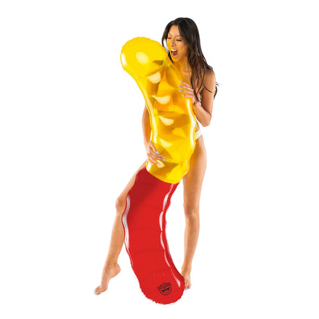 Woman holding a colorful 5 ft Pool Noodle | Gummy Worm made with durable transparent PVC.