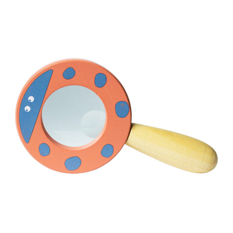 Magnifying Glass with wooden handle and colorful bug design, perfect for kids to explore nature and learn outdoors.