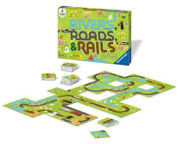 Rivers Roads and Rails board game with illustrated cards creating a network of rivers, roads, and rails for 1-8 players.