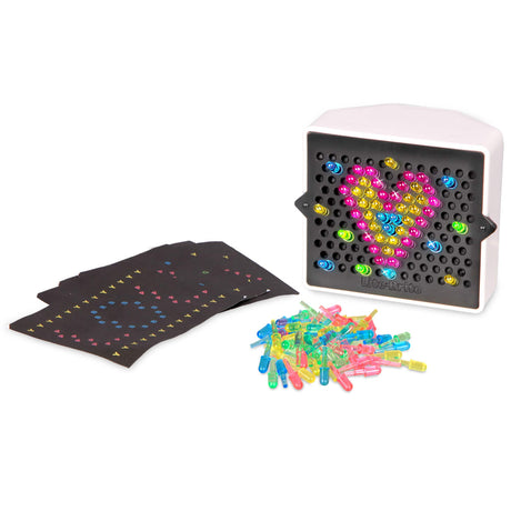 Mini Lite Bright with colorful pegs, design templates, and a glowing heart pattern on a compact 3-inch board.