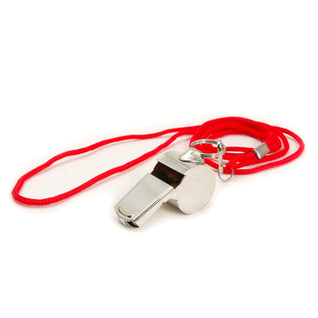 Silver metal Adventurer's Whistle with a bright red lanyard, perfect for junior outdoor discovery and play.