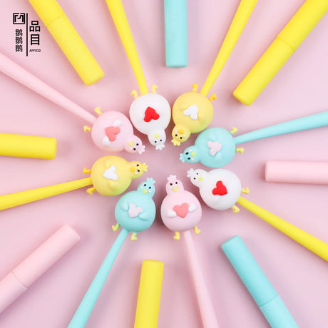 Colorful assorted Duck Love Wiggle Gel Pens with cute bird designs and smooth black gel ink, each sold individually.