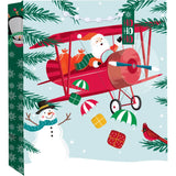 Gift Bag Jumbo North Pole Characters with Santa flying a red plane, snowman, gifts, and winter greenery design.