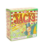 Jacks game box featuring classic playground game with metal jacks, bouncy ball, and storage bag, titled Jacks.