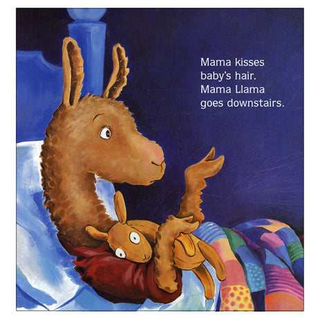 Llama Llama Red Pajama shows Mama Llama kissing baby’s hair while holding a plush toy in bed.