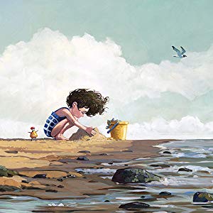 Hum and Swish shows a child creatively drawing in the sand on a calm beach under a cloudy sky.