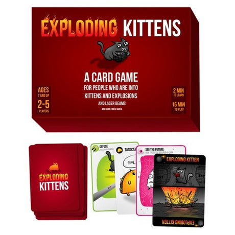 Exploding Kittens: Original Edition card game box and cards featuring kittens, explosions, and playful illustrations.