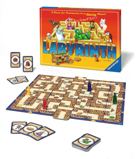 Labyrinth game board with maze cards, treasure cards, and colorful playing pieces for a fun treasure hunt adventure.