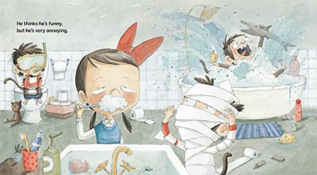 Illustration from "Little Bro, Big Sis" showing playful siblings in a bathroom scene with lively, colorful details.