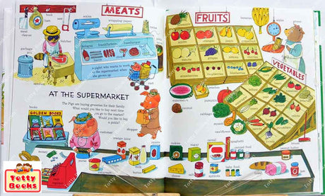 Richard Scarry's Best Word Book Ever open to a colorful illustrated supermarket scene with labeled foods and characters.