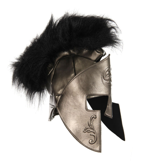 Spartan Hat with black plume, sturdy polyester and cotton construction, featuring detailed warrior design and adjustable fit.