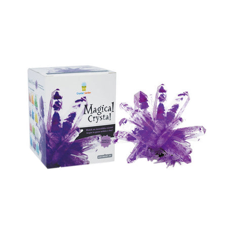Magic Crystal Purple kit displaying large purple crystal formation next to box with step-by-step growing instructions.