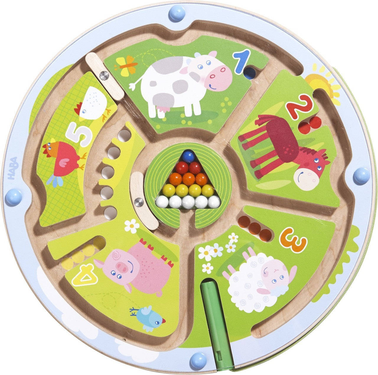 Magnetic Maze Numbers wooden game with colorful balls and animals for counting and motor skills development.
