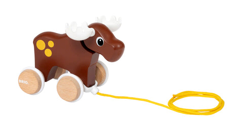 Moose Pull Toy wooden pull along moose with swaying horns and yellow string for toddlers learning to walk.