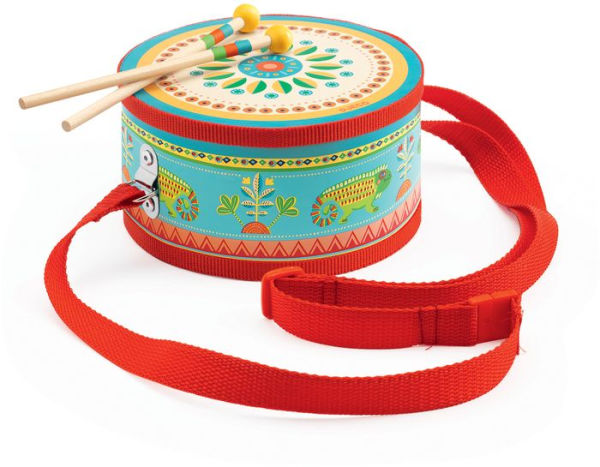 Animambo Drum hand drum with colorful animal patterns and red neck strap, includes wooden drumsticks for kids ages 2+.