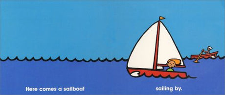 Boats board book illustration of a child sailing a white sailboat on calm blue water.